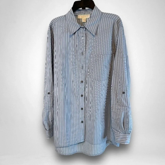 MICHAEL Michael Kors Cotton Striped Button Shirt Chambray MEDIUM Blue & White - Picture 1 of 6